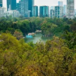 Vista panorámica del Bosque de Chapultepec con lago y rascacielos de Ciudad de México
