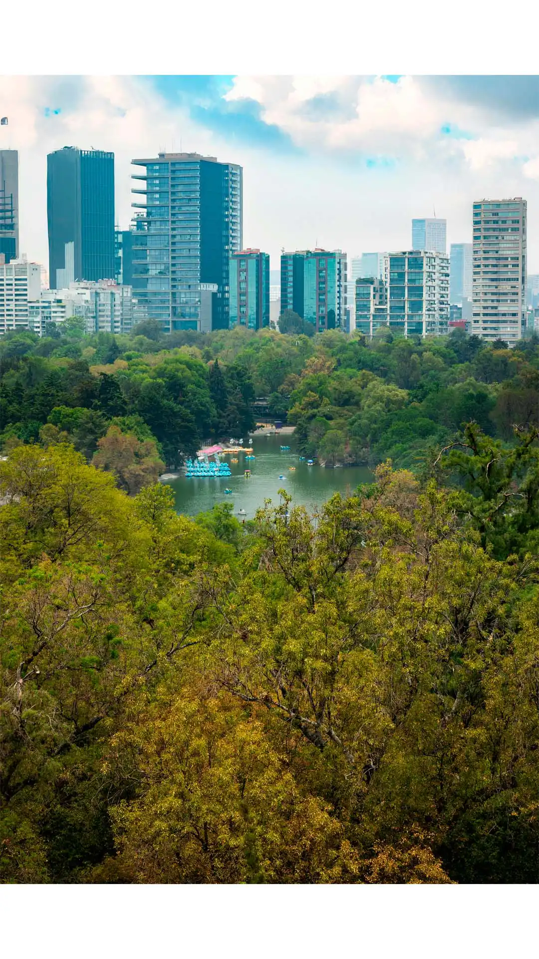 Vista panorámica del Bosque de Chapultepec con lago y rascacielos de Ciudad de México