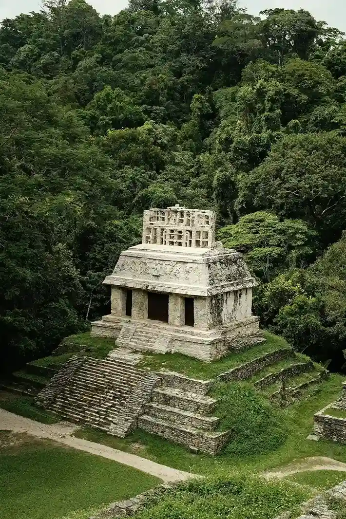 Templo maya de Palenque en Chiapas rodeado de selva tropical, sitio arqueológico destacado de México