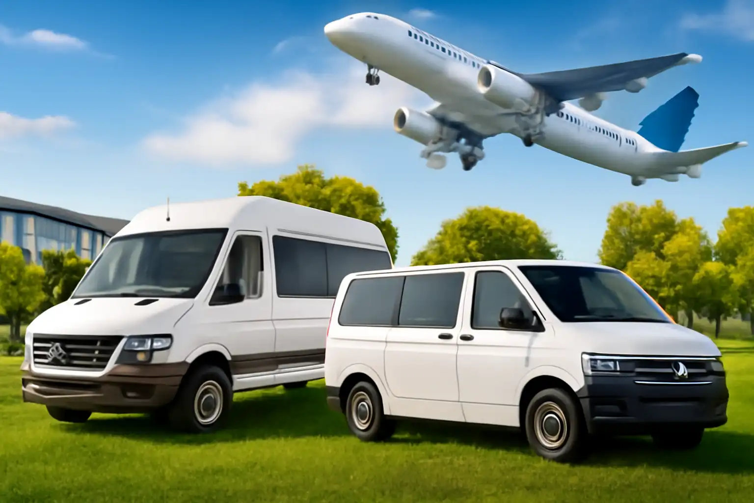 Vans turísticas estacionadas frente a un aeropuerto moderno rodeado de árboles y cielo despejado