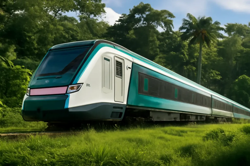 Tren Maya avanzando sobre pasto rodeado de selva tropical con flora y fauna mexicana, bajo un cielo despejado